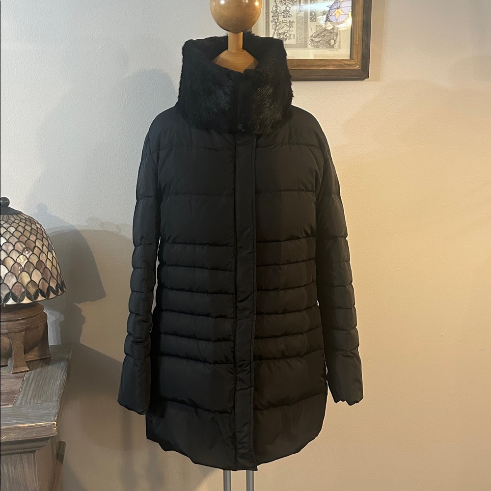 Hilary Radley Duvet Black Down Puffer Coat With Turtleneck Fur Collar